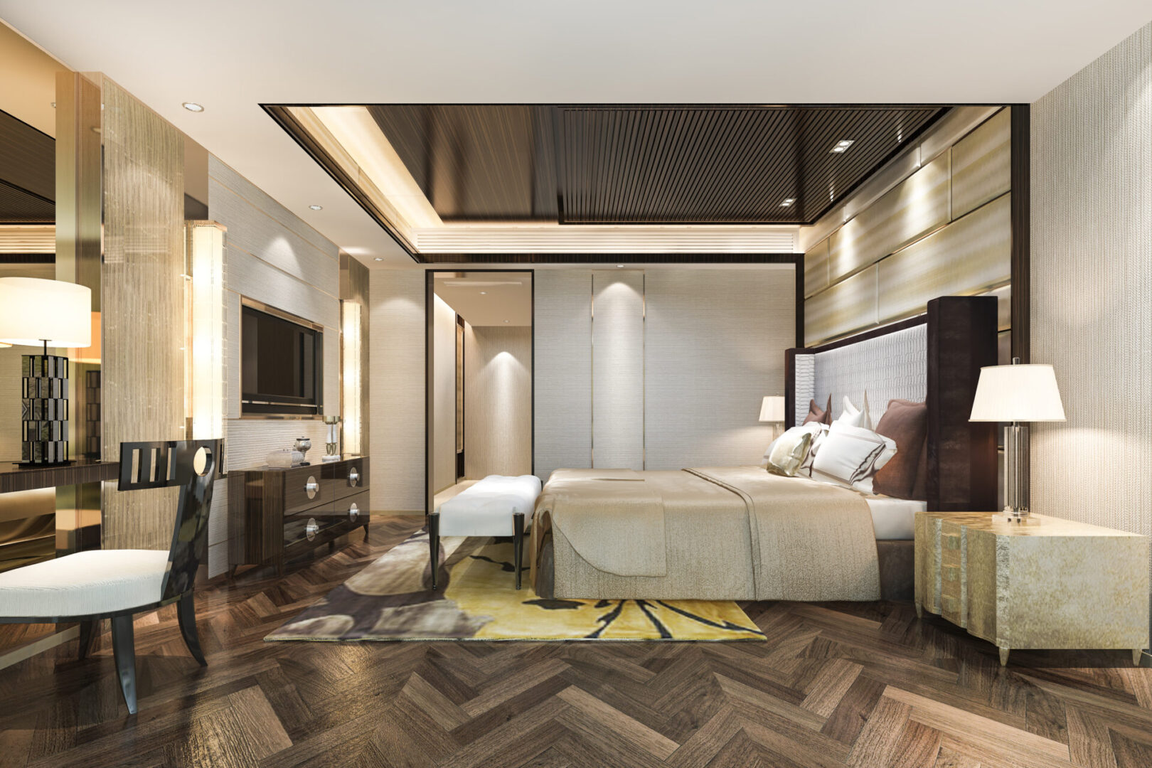 3d rendering beautiful luxury bedroom suite in hotel with working table near bathroom